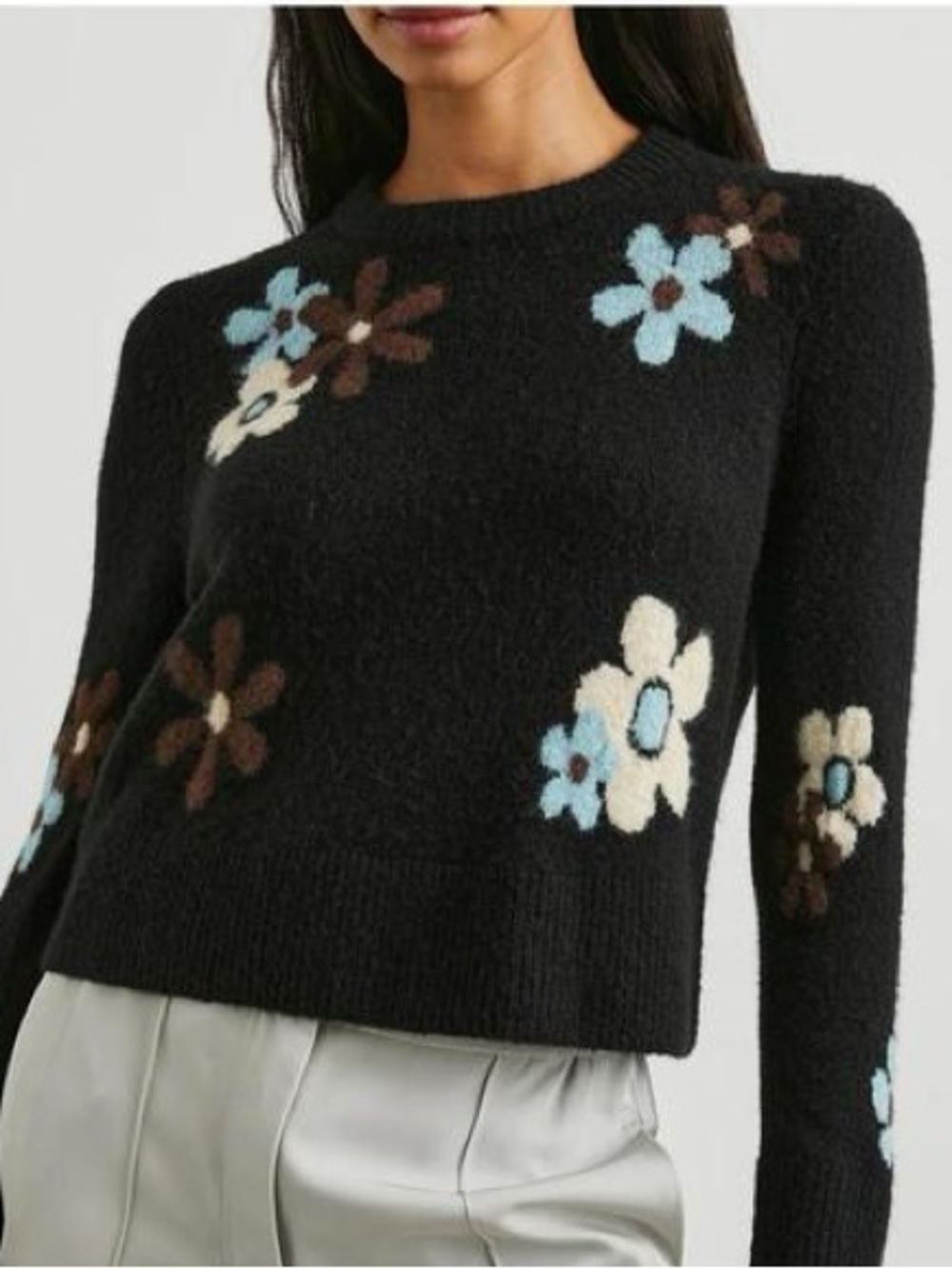 Rails Black Crewneck Sweater with Blue, Cream & Brown Floral Motif